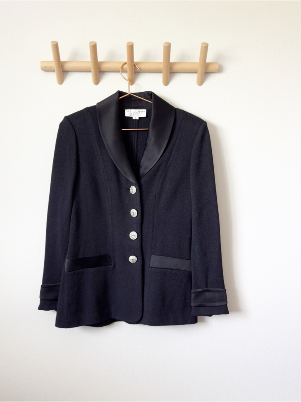 St. John Black Satin-Trim Blazer with Decorative Buttons